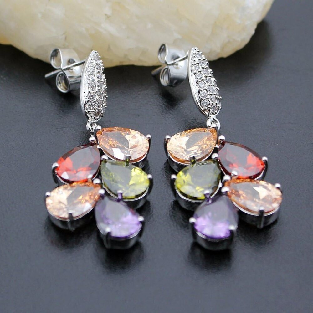 Women's Drop Earrings Sterling Silver Multi Gemstones Dangle Jewelry - Picture 4 of 6